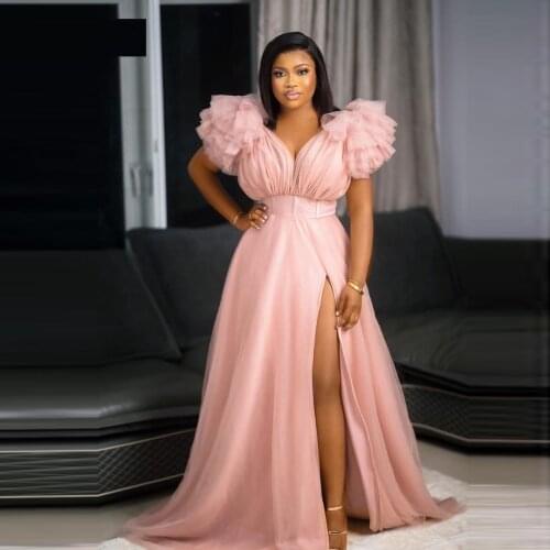 Blush Pink Puffy Sleeves Tulle Dresses For Photo Shoot V Neck High Side Split Women Dress Plus Size Black Girls Tulle Robe