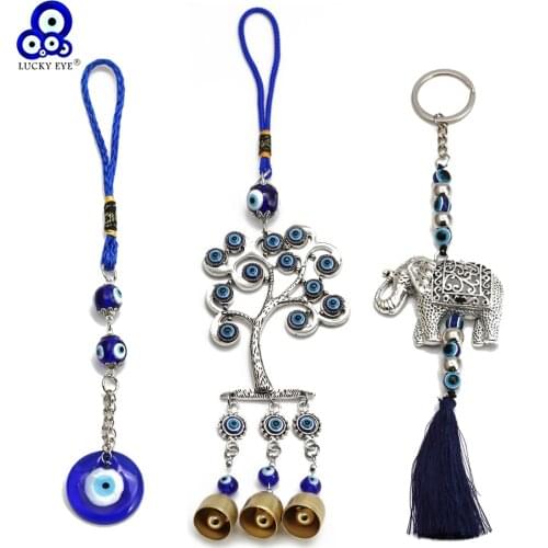 Lucky Eye Glass Blue Turkish Evil Eye Wall Hanging Alloy Elephant Tree of Life Pendant Decoration for Home Living Room Car BE161