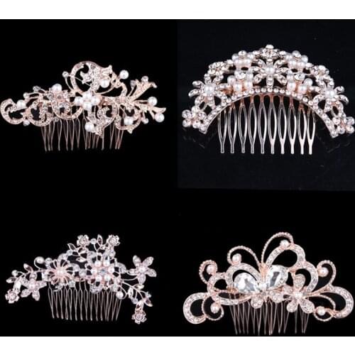 Carddoor New Fashion Rhinestone Rose Blond Hair Comb Headdress Jewelry Rhinestone Pearl Flower Handmade Wedding Hair Accessories
