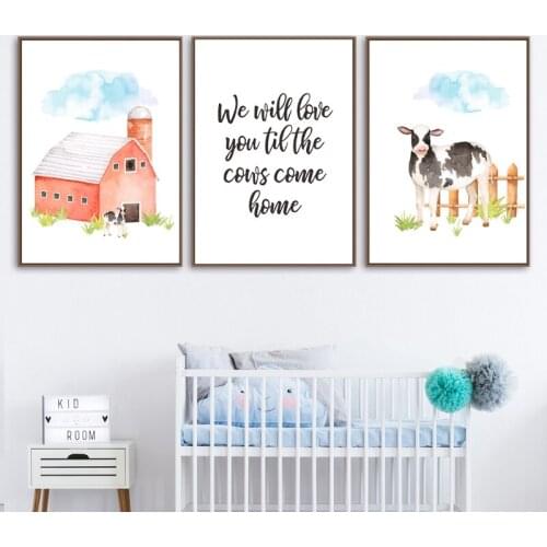 Farm Theme Nursery Wall Art Canvas Painting Watercolour Cartoon Cow Prints Black White Love Quotes Poster Baby Kids Room Decor