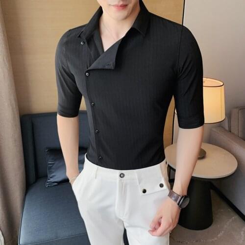 Unique Placket Mens Shirts Black White Half Sleeve Slim Casual Shirt Male Business Formal Dress Shirts Social Streetwear Tops
