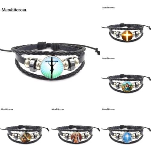 Mendittorosa Antique Vintage Style Black Leather Bracelet Bangle Jewellery For Girls Gift Jesus Portrait Cross Virgin Mary