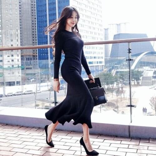 High Quality Women Dress New Slim Fishtail Skirt Party Polyester Casual A-LINE Mid-Calf ONeck Office Lady Elegant Fashion Solid