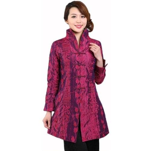 Purple Chinese Style Women Silk Satin Jacket Embroidery Coat Autumn Winter Windbreaker Tang Suit Top Plus Size 4XL 5XL T045
