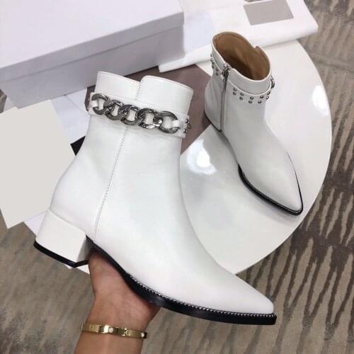 Genuine Leather Womens Boots New Fashion Luxury Brand Designed Women Boots Mature Ladies Boots Metal Chain Pointed Toe Shoes