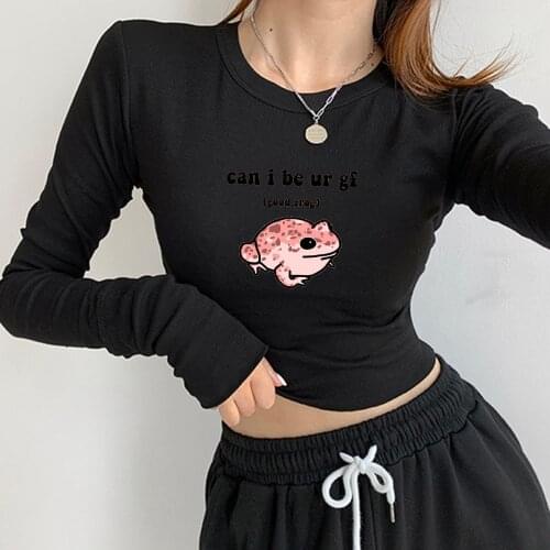 Women Cute Funny Frog Crop Tops Cotton Sweatshirt Long Sleeve Shirt Aesthetic Tight T Shirt Joggers Suits Drawstring Sweatpants