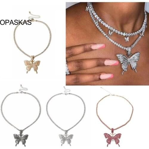 Korean Style Women Butterfly Necklace Glittery Punk Hip Hop Electroplated Copper Neck Jewelry With Large Pendant Gift For Girls