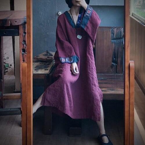 Johnature Vintage Patchwork Linen V-neck Dress Loose Full Sleeve Women 2021 New Autumn Retro Women Loose Casual Dresses