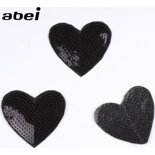 10pcs Sequined Black Heart Patches Iron On Embroidery Stickers For Jeans Backpack Dress T Shirts Hats Decorative Appliques Badge