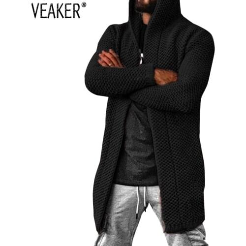 2020 Autumn New Mens Black Long Hooded Cardigan Sweaters Male Solid Color Sweater Coat Casual Outerwear Knitwear S-5XL