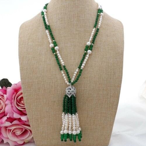 21" White Pearl Green Jade Necklace Pendant