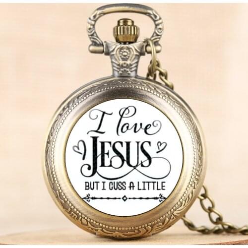 Antique I love Jesus Series Pocket Watch for Men Women Pendant Necklace Watches for Friend Quartz Chain for Teens