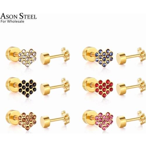 ASONSTEEL 12 Pairs/Lot Lovely Stainless Steel Tiny Heart Earrings with Cubic Zirconia Stud Earring for Women Fashion Jewelry