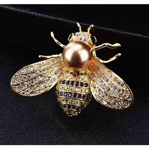 Free Shipping High Quality Shining Full Rhinestone CZ Bee With Simulated Pearl Copper Brooch