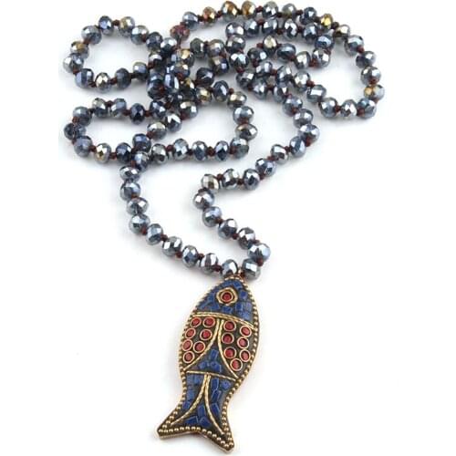 Free Shipping Fashion Navy Long Crystal Glass Knotted Fish Pendant Necklaces For Bohemian Tribal Jewelry