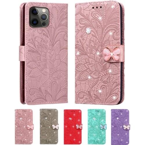 Case For Apple iPhone 11 Case iPhone 12 13 mini X XR XS Pro Max 7 8 Plus SE 2020 Diamond Lace Leather Flip Cover Phone Case