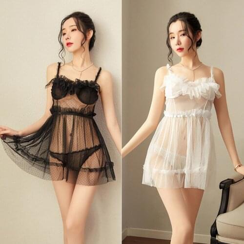 Sentiment lingerie girls' nightgown at home lace polka-dot net gauze see-through pure temptation halter backless pajamas