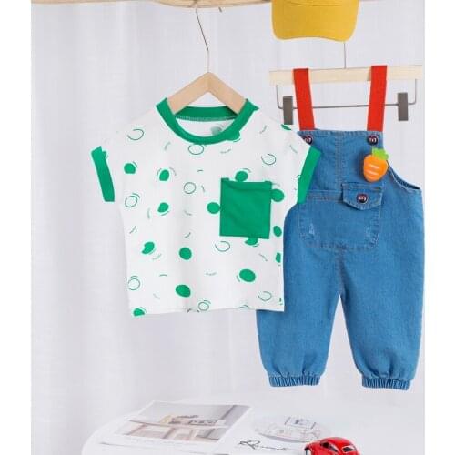 Summer Childrens Clothes Suit Baby Girl Boy Short Sleeve T-shirt +Carrot Denim Strap Shorts Kids Toddler 2Pcs Outfit Set