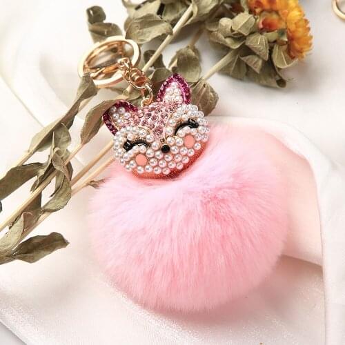 Cute Fox Fur Ball Keychain Fluffy fur Pompom Ball Key Chain inlaid rhinestone lady bag accessories car keyring pendant