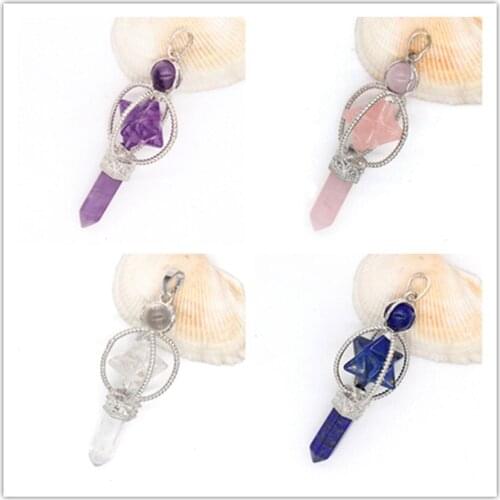Trendy-beads Silver Plated Merkaba Symbol Rose Pink Quartz Hexagon Column Pendant Black Agates Spiritual Jewelry