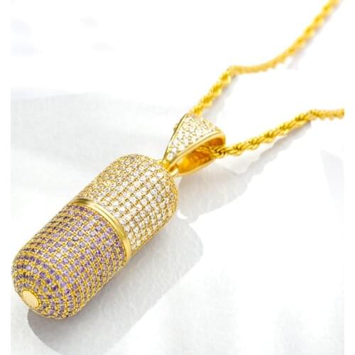 Hip Hop Fashion Jewelry Pill Necklace Can Open Capsules Pendant Cubic Zircon Copper Necklace Iced Out Detachable Unisex BFF