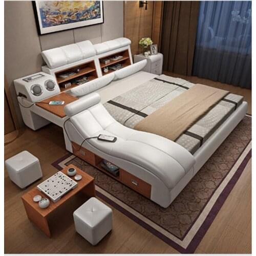 Genuine leather bed frame Soft Beds massager storage safe speaker LED light Bedroom cama muebles de dormitorio / camas quarto