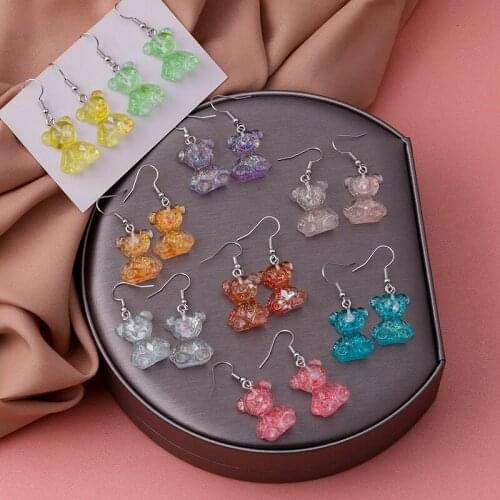 New Cute Cartoon Gummy Sequins Bear Dangle Earrings For Women Girl Creative Handmade Resin Transparent Candy Color Earrings