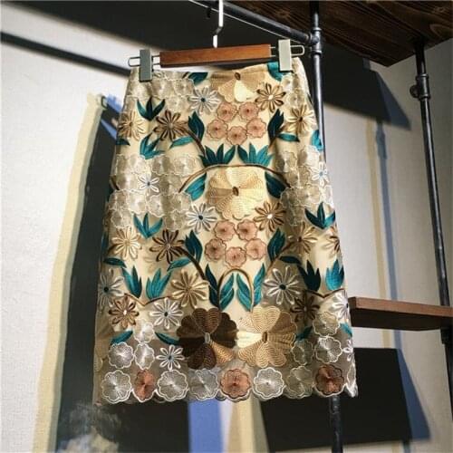 Bodycon Skirt Women Sexy Party Floral Embroidery Lace Pencil Skirt Office Ladies High Waist Knee Length Mesh Skirts