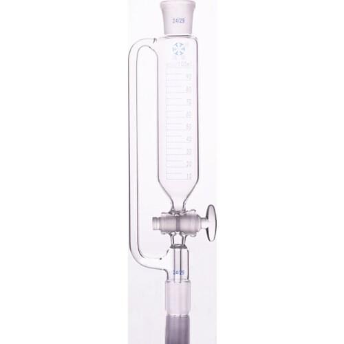Separatory funnel constant pressure cylindrical shape,standard ground mouth.Capacity 100ml,Joint 24/29+24/29,Glass switch valve