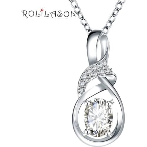 ROLILASON Water Drop Design Cubic Zirconia White Crystal Classic Silver Necklace Pendants Jewelry LNS665