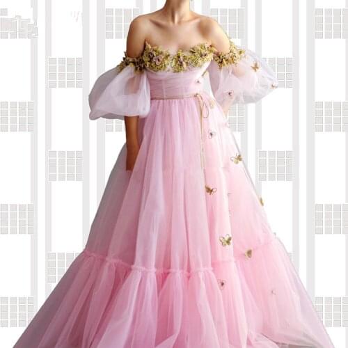 Pink Muslim Evening Dresses A-line Sweetheart Tulle Appliques Beaded Dubai Saudi Arabic Long Evening Gown Prom
