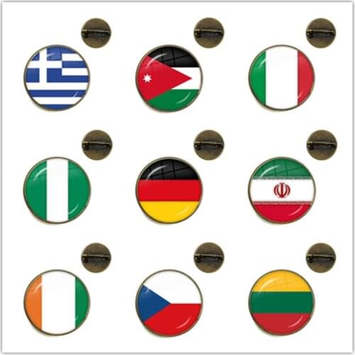 National Flag Glass Cabochon Brooches Greece,Jordan,Italy,Nigeria,Germany,Iran,Czech Republic,Lithuania Collar Pins For Gift