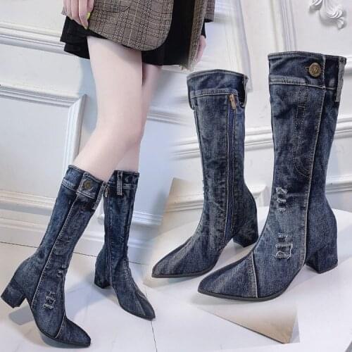 2020 Women Chunky Denim Mid Calf Boots Block 6cm High Heels Fetish Boots Stripper Winter Fashion Cowboy Western Boots Shoes