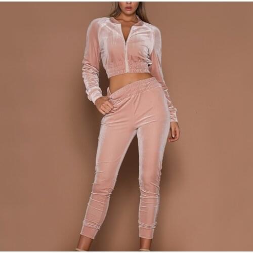 2021 Spring Velvet Crop Top Solid Women Tracksuit Zipper High Elastic Waist Slim Workout Outfit Female 2 Piece Casual Sportwear