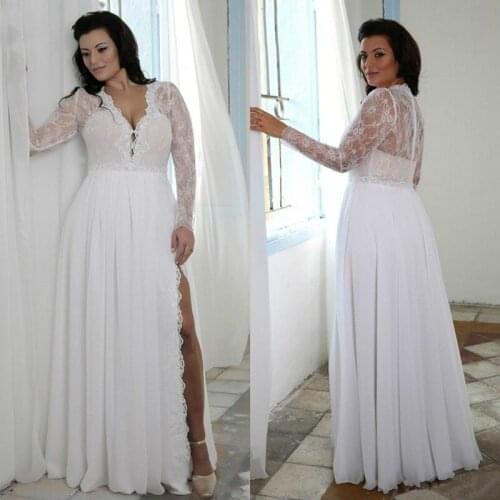 Plus Size Lace Wedding Dresses With Long Sleeves 2021 V Neck Side Split Chiffon Bridal Gowns Summer Beach Garden Wedding Dress