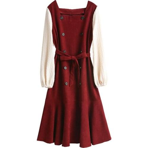 PERHAPS U Women Vintage Red Khaki Double Breasted Dress Square Collar Knitted Patchwork Corduroy Dress Elegant D2261