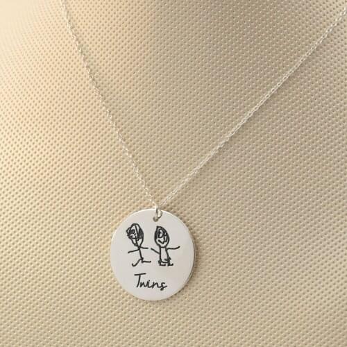 925 Solid Silver Disc Necklace Engraved Kids Drawing Custom Childrens Paint Necklace Christmas Memory Jewelry