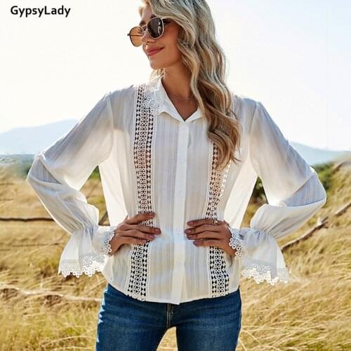 GypsyLady White Hollow Out Vintage Blouse Shirt Spring New Long Sleeve V-neck Sheer Sexy Blouse Women Casual Chic Top Shirt 2021