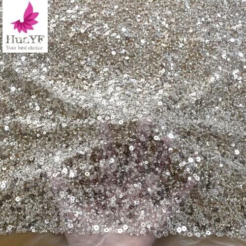 Super Shining High Density White Silver Beaded Crystal Sequins French Wedding Bridal Lace Dress Fabric HY1445