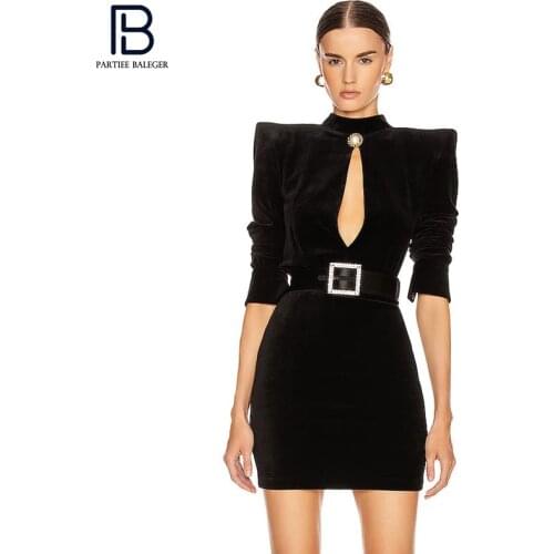 PB Chic Black Velvet Mini Dress Sexy Key Hole Lantern Sleeves Sashes Design Celebrity Party Club Vestido