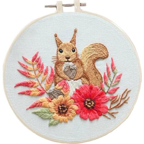 Floral Squirrel Embroidery Kit Stamped Full Set Of Cross Stitch Color Floss Kits