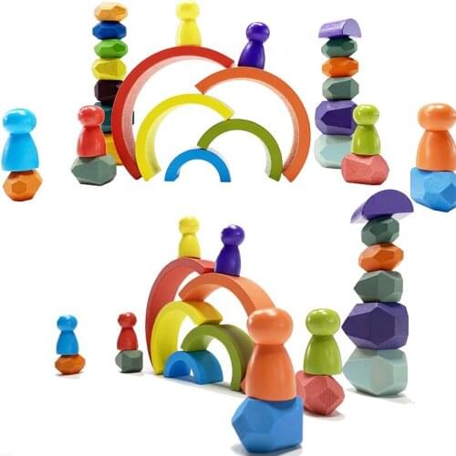Childrens Wooden Colored Stone Rainbow Wooden Building Blocks Creative Nordic Style Toy Geometric Wooden Toy For Kids Education