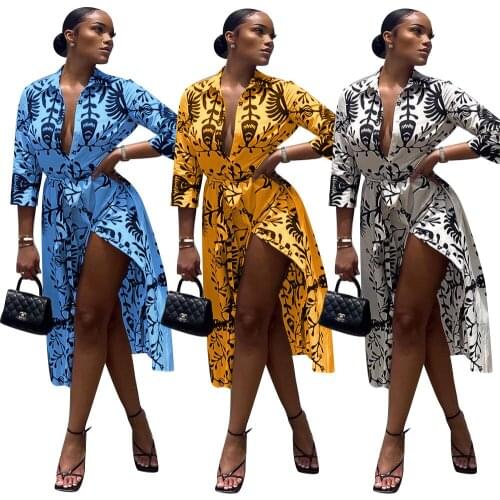 Graceful Printing Women Turn-down Collar Dresses Hot Selling Single-breasted Sashes Lace-up Split Mid-Calf Shirt Dress Autumn