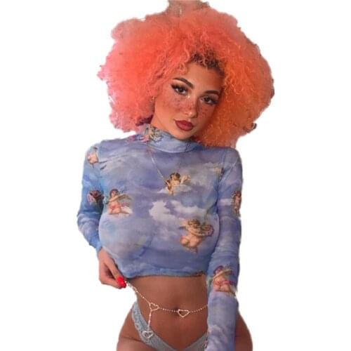 Womens Summer Long Sleeves Mock Neck Crop Top Romantic Colored Angel Cupid Printed T-Shirt See Through Mesh Party Club 4