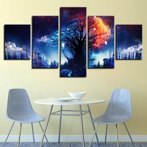Art Canvas Painting 5 Pieces Magic Tree Surrounded By Clouds HD Prints Starry Forest Fairy Poster Framework Home Decor