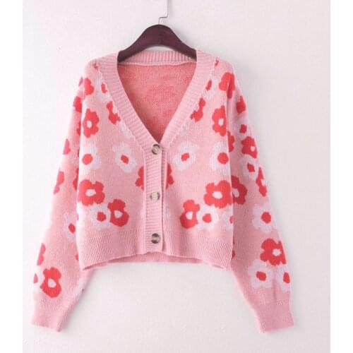 Preppy Style Flower Knit Cardigans Sweater Women V Neck Loose Elegant Thicked Pull Femme Print Short Casual Sweater Coat 2021
