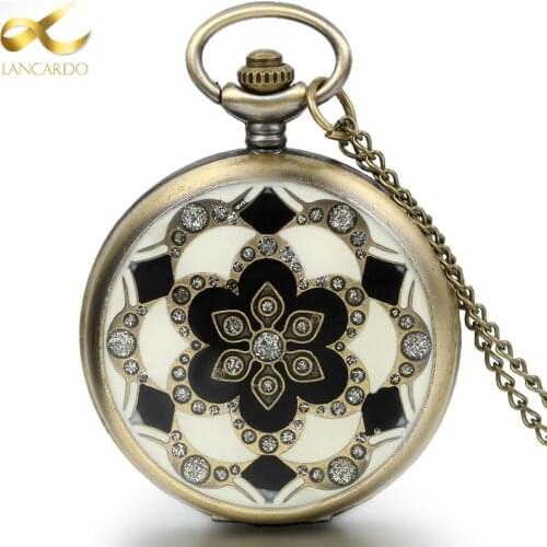LANCARDO Fashion Bronze Vintage Pocket Watches Necklace Chain Pendent Flower Quartz Pocket Watches Mens Relogio De Bolso