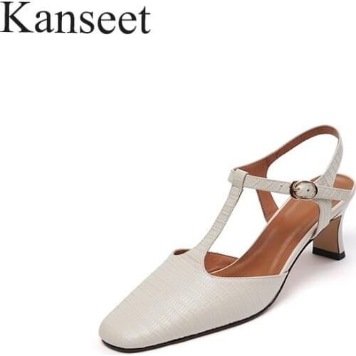 Kanseet 2021 New Womens Sandals Summer White Green Genuine Leather Fashion Design Handmade Buckle Strap 6.5cm High Heels Shoes