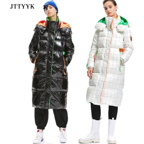 2021 New Winter Jacket Womens Fashion Shiny Long Overcoat Feamale Down Parkas Padded Coat Hooded Loose Warm Outwear Streetwear