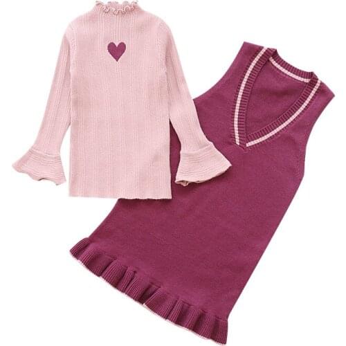 2019 Autumn girls clothes children clothing set knitted sweater+dress 2-piece suits girls clothing kids clothes 2 colors 3-14Y